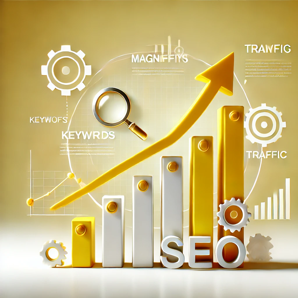 DALL·E 2024 11 22 22.48.45 A professional and modern illustration about SEO featuring a yellow upward graph symbolizing growth. The background should be clean and minimalist w